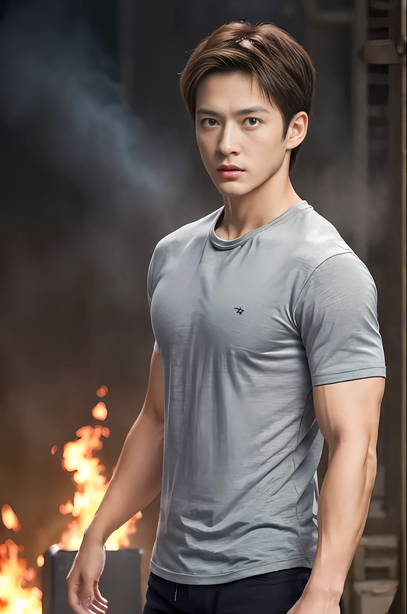 masterpiece, The Highest Quality, 1 male, adult,, hansome, tall muscular man, broad shoulders, finely detailed eyes and detailed face, extremely detailed CG unity 8k wallpaper, complicated detail, extremely short hair, undercutting, in the middle of a fight, colorful flame effect, very strong, wrath, battle action, dynamic angle, fighter aircraft、, A strong, 最高の比率4本の指と1本の親指, depth offield