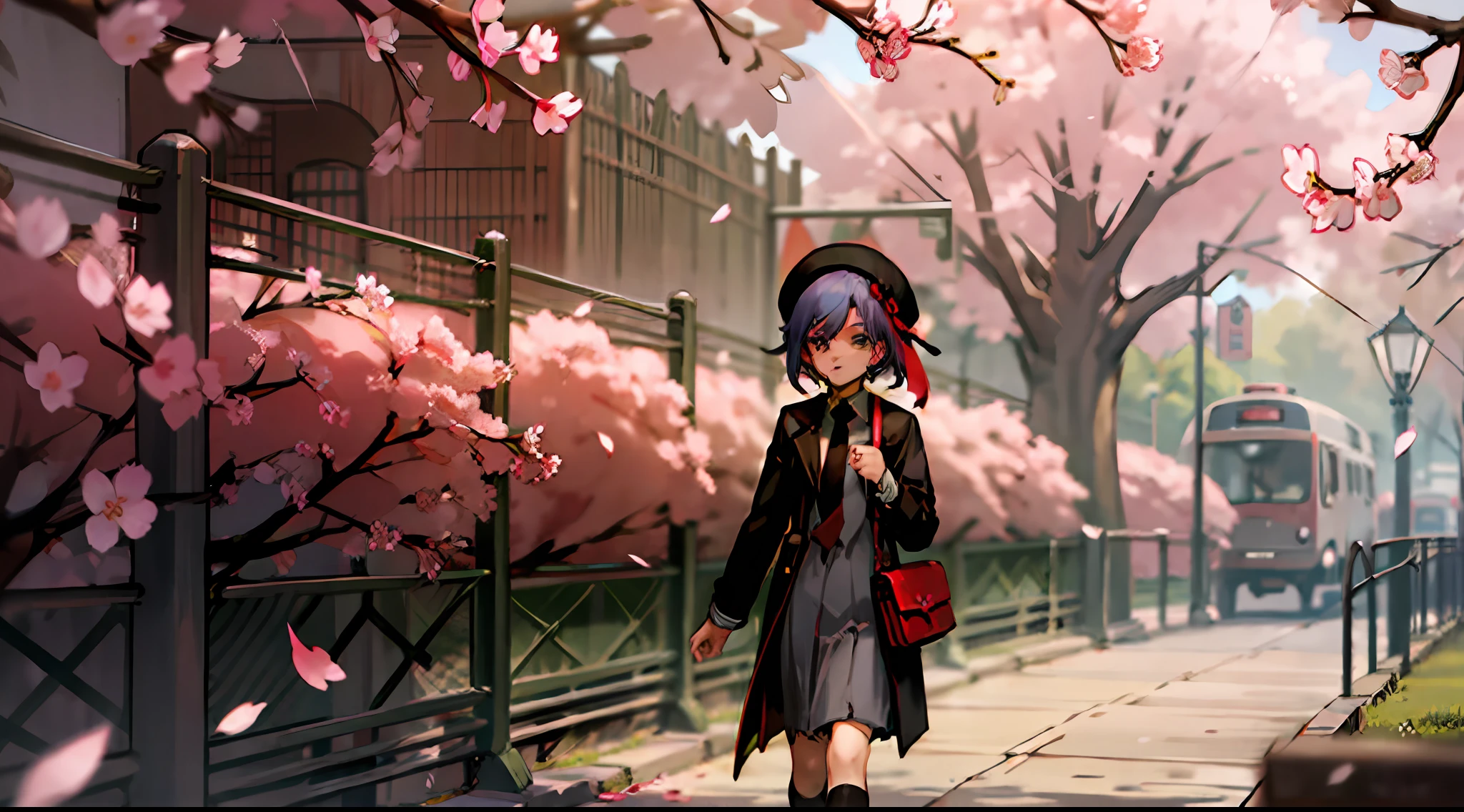 1boy, solo, teenage, portrait, looking at viewer, school uniform, suit, handbag, long black coat, berets, mizuki, (red tie:1.5), short hair, light blue hair, smile, shut up, hand pocket, spring, (sunny: 1.2), cherry blossoms, cherry blossoms, floating flowers, falling flowers, rock path, moss, shade, school, gate, mizuki, walk, depth of field,