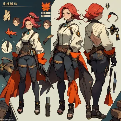 Take a close-up of a man in a gun costume，（（Character Concept Art）），Tall figure，((character design sheet、Same role、front side、Lateral face、back facing))，Character art for Maple Story，Video game character design，Video game character design，Maple Story Gun G...