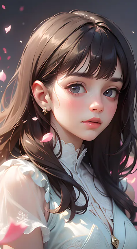 (best quality, masterpiece, ultra-realistic), 1 beautiful and delicate portrait of a girl, playful and cute, with floating petal...