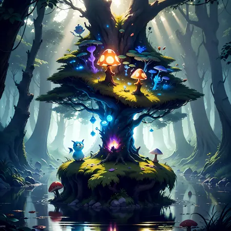 spiritual tree, twilight ray, blonde light, star lit sky, forest with water and rock and bright mushroom, (Ori and the Blind Forest), (Ori and the Will of the Wisps), 2D game, Digital art of, realistic scale, sharp focus, (HDR), (8k), (gigapixel), ((master...