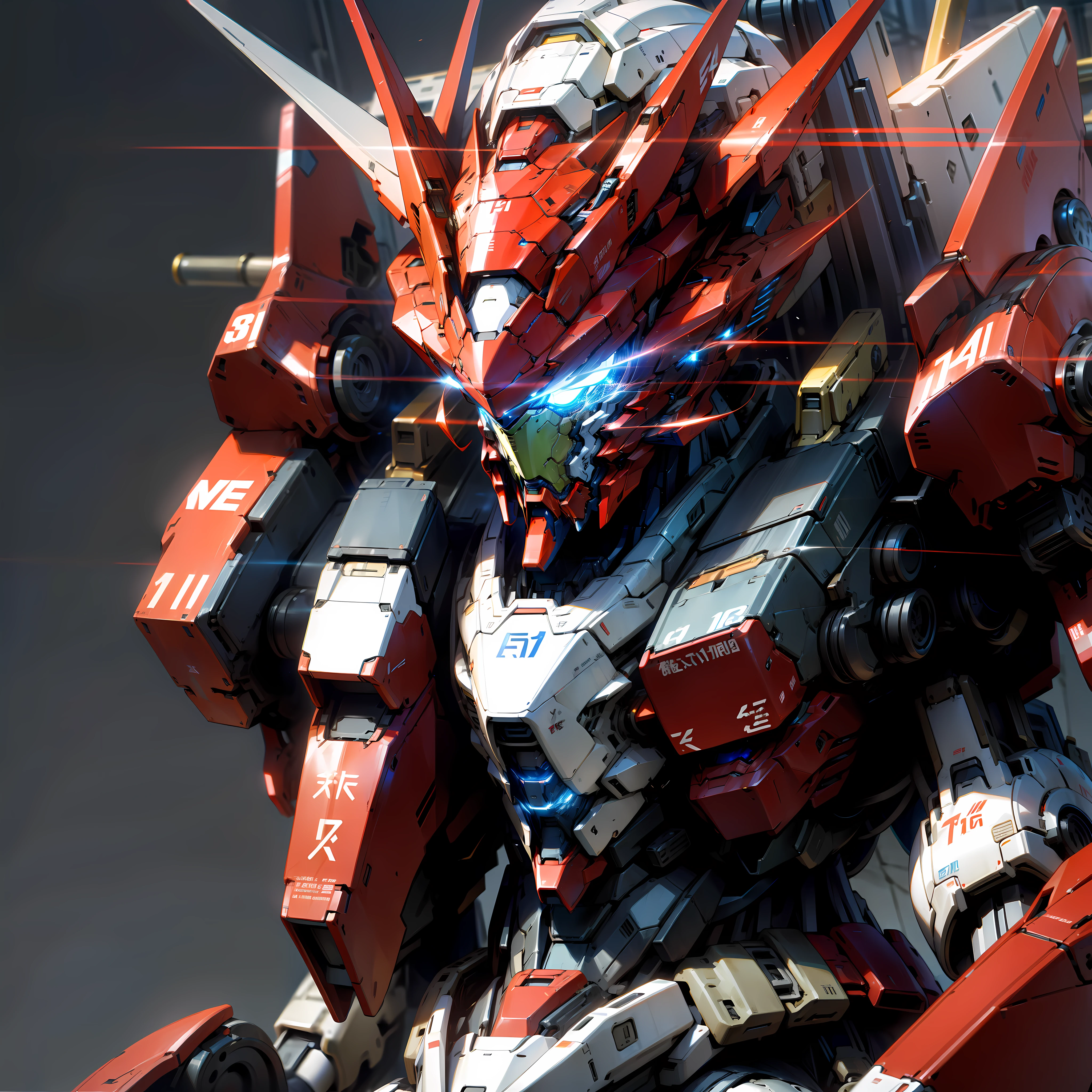 ((Mecha 1.5)) Standing, blue and red color scheme, close-up, 8K highest quality, blue eyes, glowing lines on the body, strong