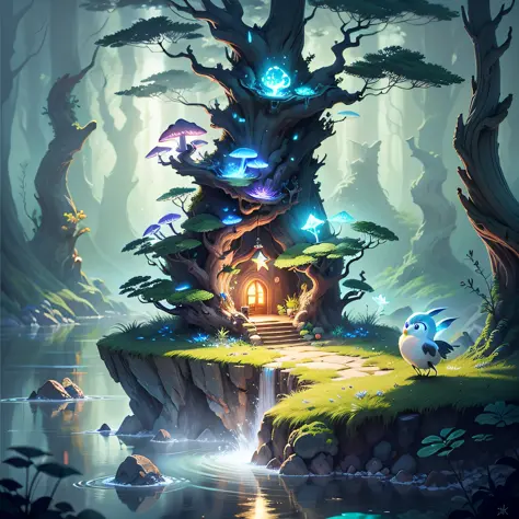 spiritual tree, twilight ray, blonde light, star lit sky, forest with water and rock and bright mushroom, (Ori and the Blind Forest), (Ori and the Will of the Wisps), 2D game, Digital art of, realistic scale, sharp focus, (HDR), (8k), (gigapixel), ((master...