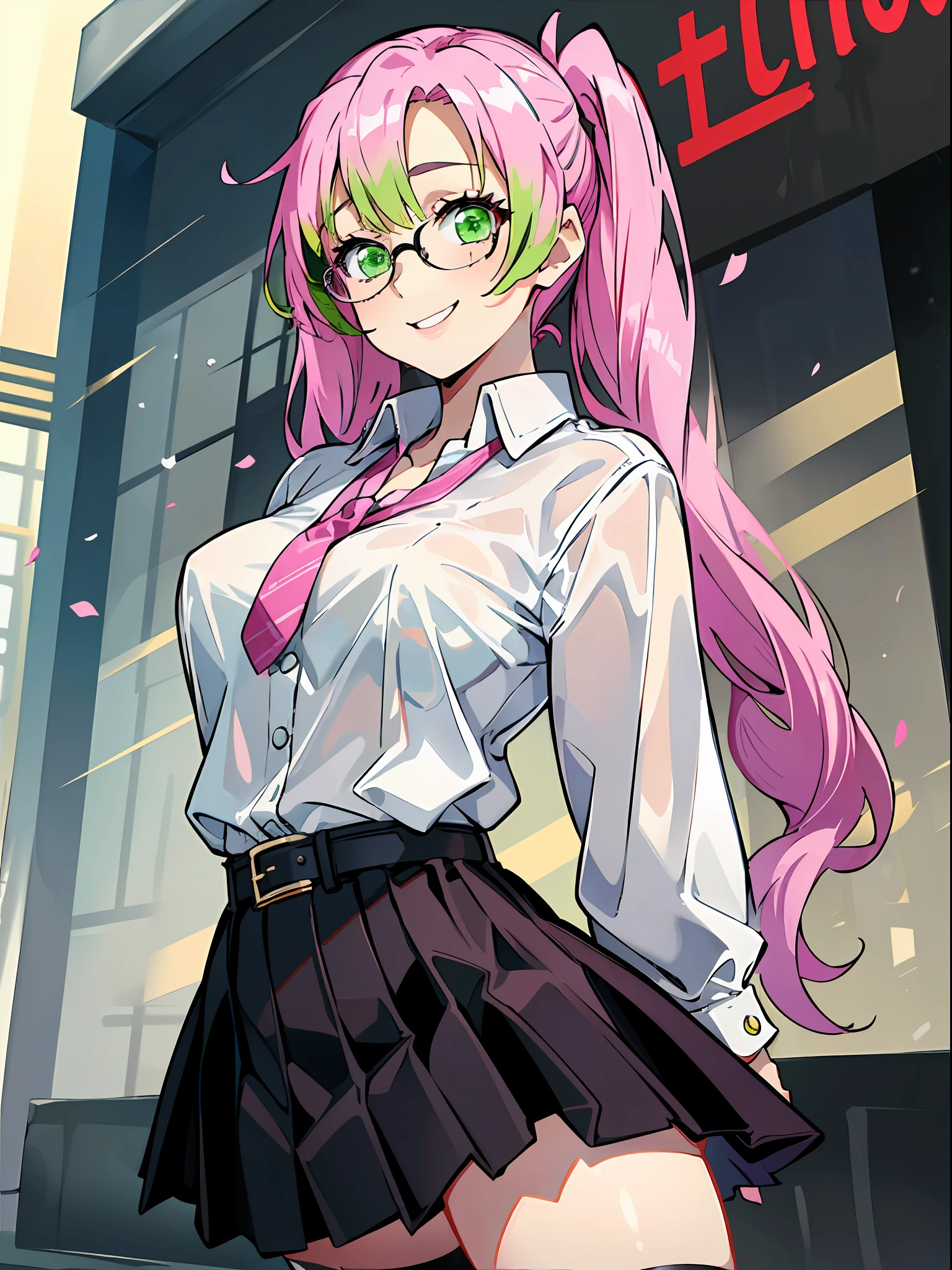 kanroji_mitsuri、1girl (Master peace、) (sthe highest qualit)(Shiny hair)(Glossy skin)、(ponytails:1.2) gradation hair、GREEN、pink hair、(suits、Officelady:1.2)、Hang something around your neck、shirt、white blouse、Tight skirt、a black skirt、Woman in glasses、smileing、thighlet、standing a、