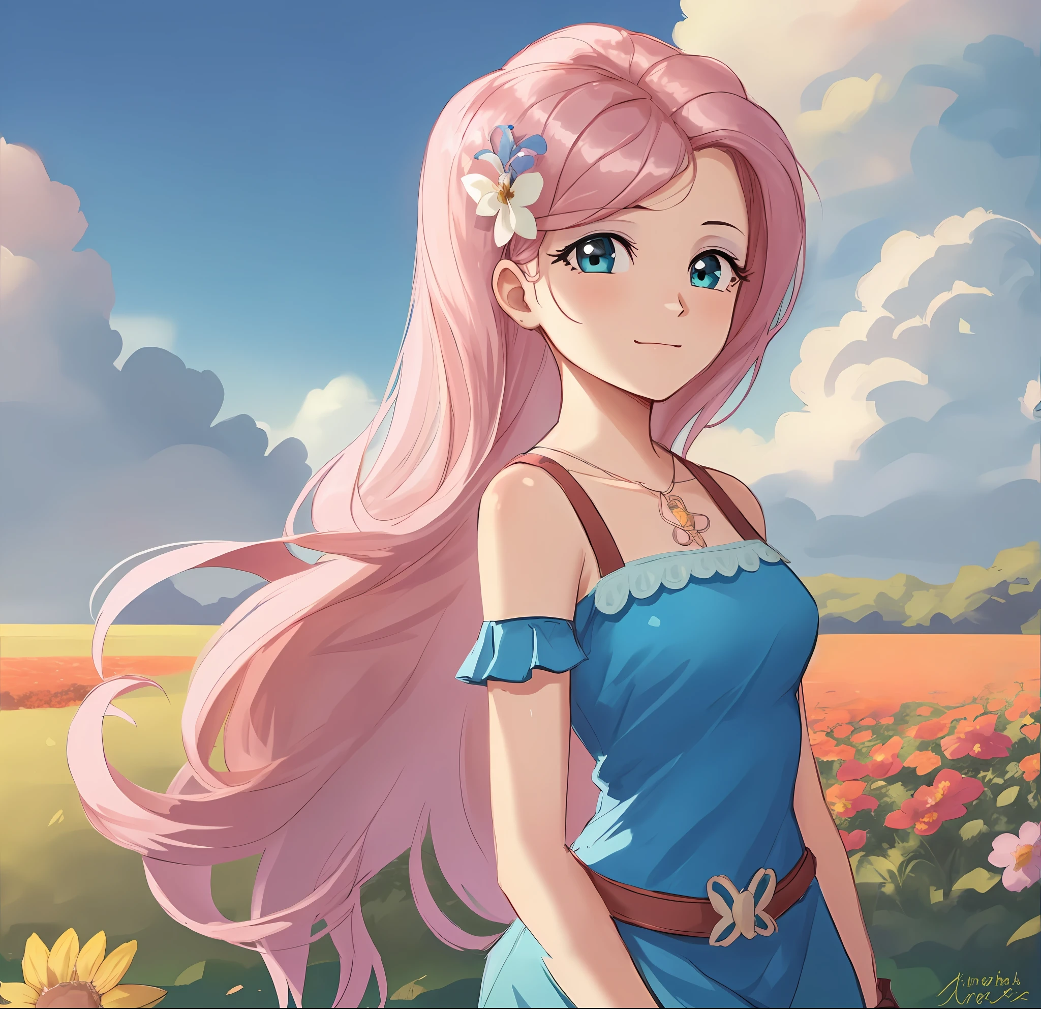 Chica anime con cabello rosa y vestido azul en un campo de flores, Hermosa chica de anime girasol, Haruno Sakura, Chica anime con pelo largo, hermosa chica de anime, Hermoso estilo de arte de anime, high quality anime artstyle, Chica bonita de anime, Hermosa mujer anime, Ilustraciones de fondo, Arte digital de estilo anime, Arte Oficial, anime in fantasy style, Chica de anime llamada Lucy