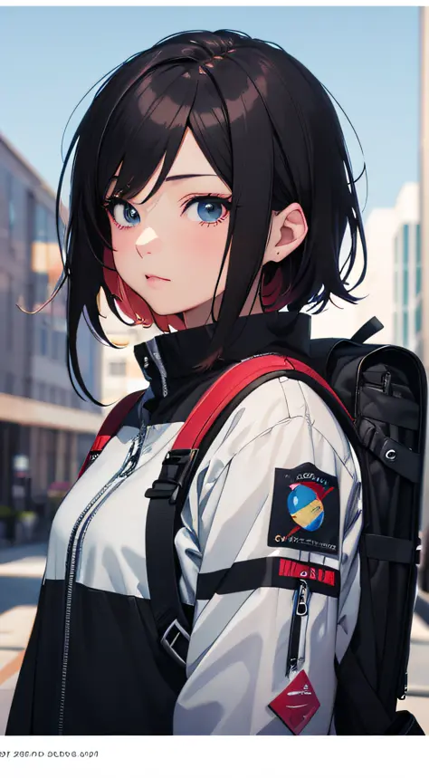 a close up of a person with a backpack and a name tag on their shoulder, portrait anime space cadet girl, realistic anime 3 d style, realistic anime artstyle, realistic anime art style, detailed digital anime art, anime style. 8k, anime realism style, anim...