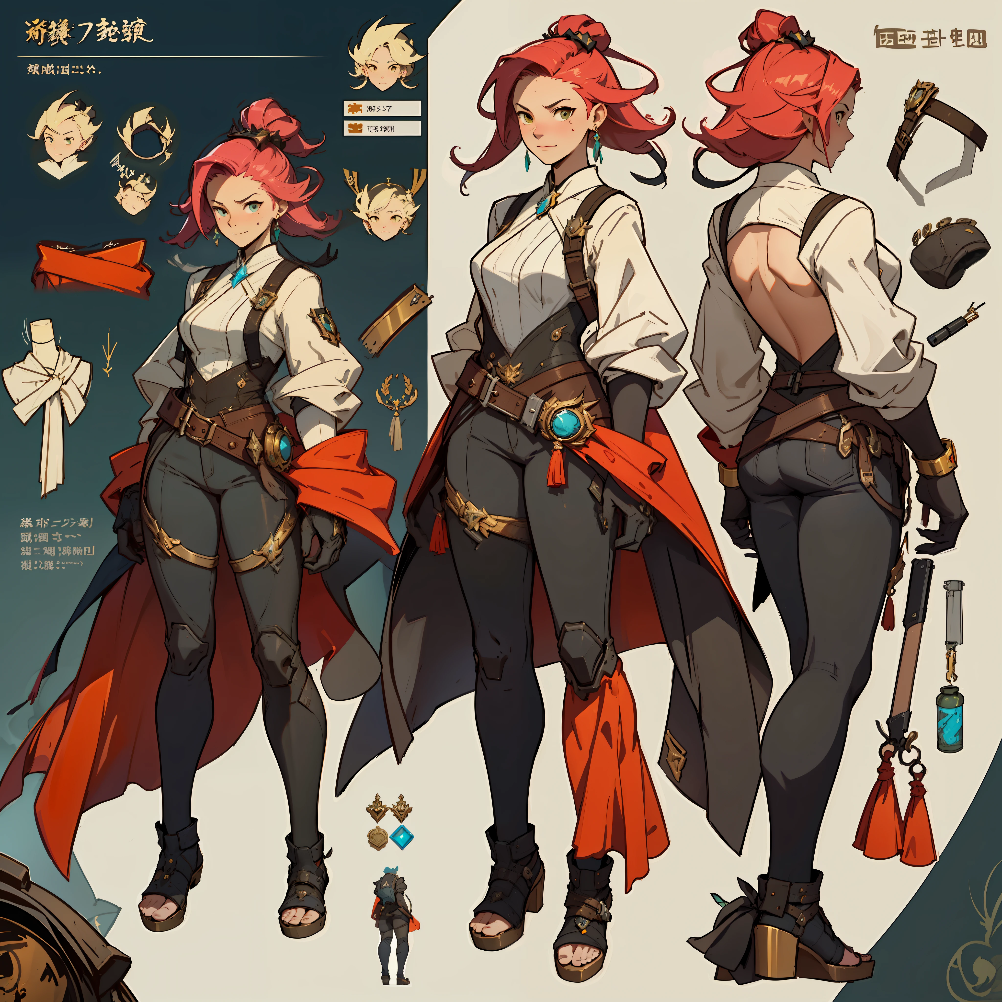 Take a close-up of a man in a gun costume，（（Character Concept Art）），Tall figure，((character design sheet、Same role、front side、Lateral face、back facing))，Character art for Maple Story，Video game character design，Video game character design，Maple Story Gun Girl，Girl with cute cartoon bunny hairpin on her head，Yellow glowing decoration on girls' robes、，Expert high detail concept art，metal slug concept art，Interesting character design，Lucio as a woman，gravity rush inspired，Viscous tar。concept art by theCHAMBA，The belt buckle is at the waist，Steampunk weapons，Warframe style clothes，