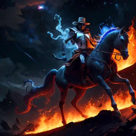，master masterpiece，, bestbestquality，8k, Ultrahigh Resolution，skeleton，Riding a war horse，Starry Sky Law，Blue Hair，tailcoat，Ankle boots，Glowing eyes，Ghost fire，specter，the god of death，region
