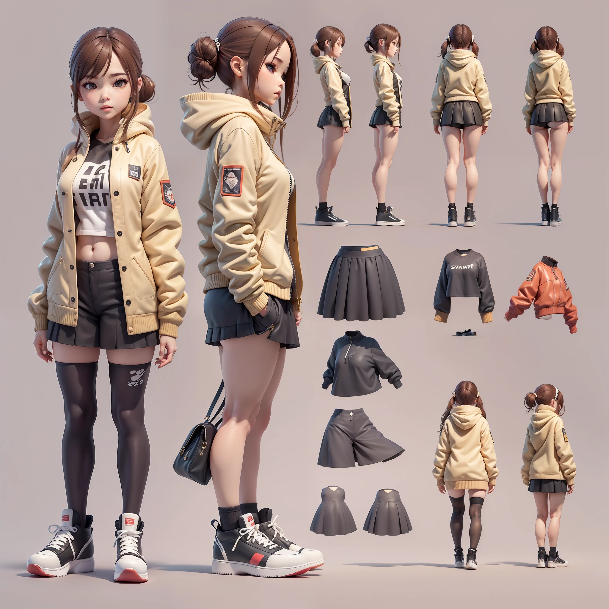 （reference sheet：1.2），super-detail，high qualitt，bestbestquality，master masterpiece，（Panoramic View，total body:1.2)，SIMPLE BACKGROUND，1 cute girl，outerwear，sskirt，sneaker shoes，