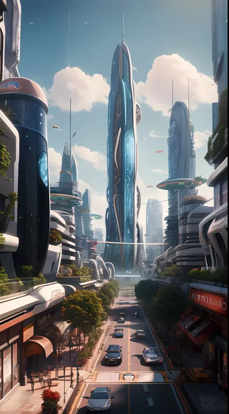 Obra-prima, Uma megaestrutura futurista, como uma torre corporativa gigprimaca, with reflective glass panels and hologram ads pr...