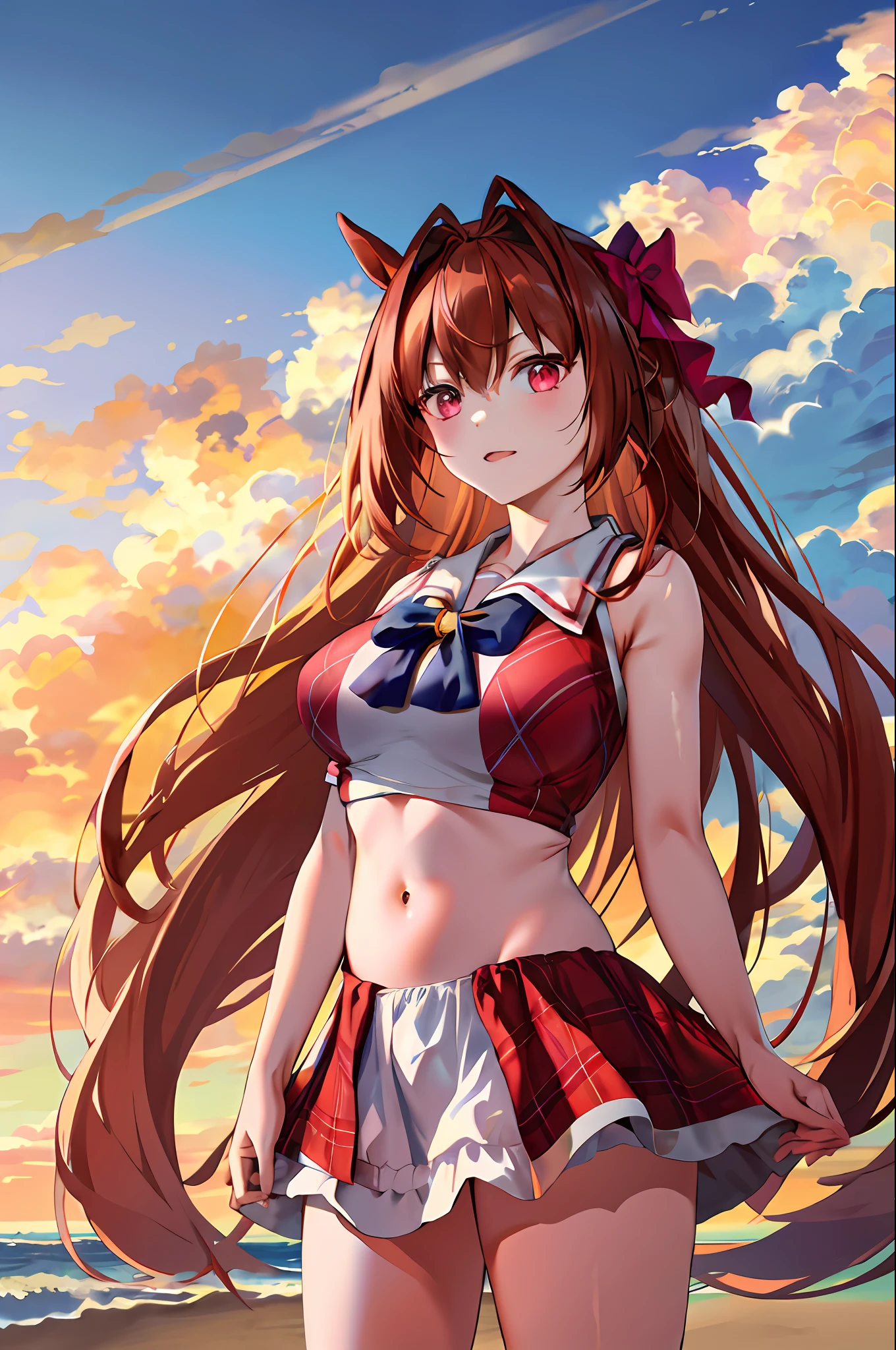 MASTERPIECE, beste Quality, Hi-Res, 1girl, Marl, solo, Large and crimson, Red bikini, white thighshigh, Twin tail,  horse tail, Very Long Hair, brownd hair, bows, sailor color, bow Tie, Purple shirt, hair intakes, tiaras, tusk, Red Eyes, big Chest, bangs, beach, standing a,