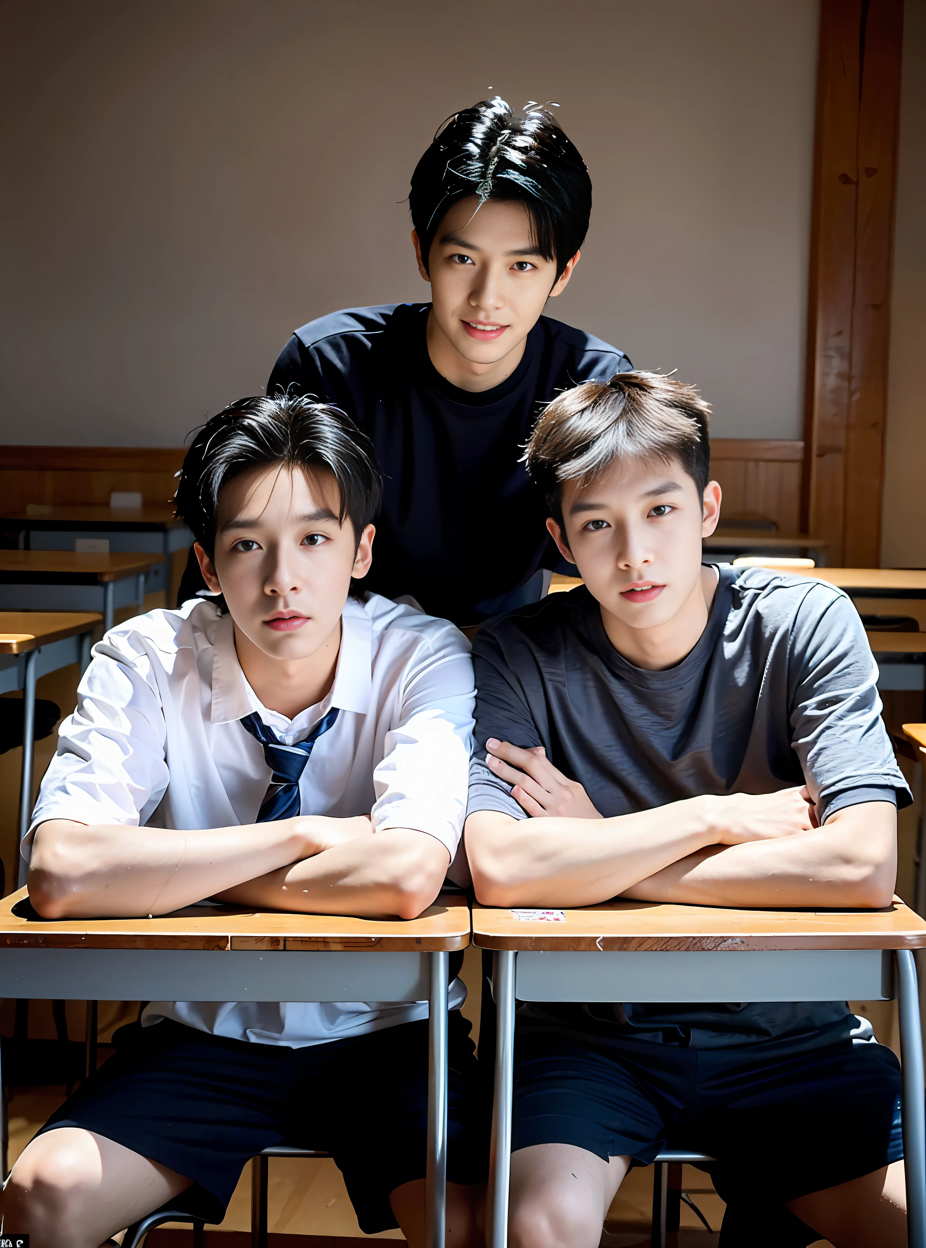 (Chinese Handsome: 1.5), two men lying on classroom desks, realistic details, realistic photos, textured skin, looking into the camera, 18 years old boy, studio, Danshi Koukousei, model, long legs