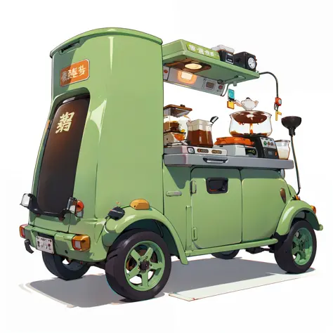 A lovely coffee cart，Inspired by:【Wuling Hongguang minicar】and a【Mini Beetle】，Equipped with a professional large coffee machine，Fancy green high detail，32k超高清，Industrial Design Product Design，WHITE BACKGROUND，White environment，studiolight，ultra Realistic，h...