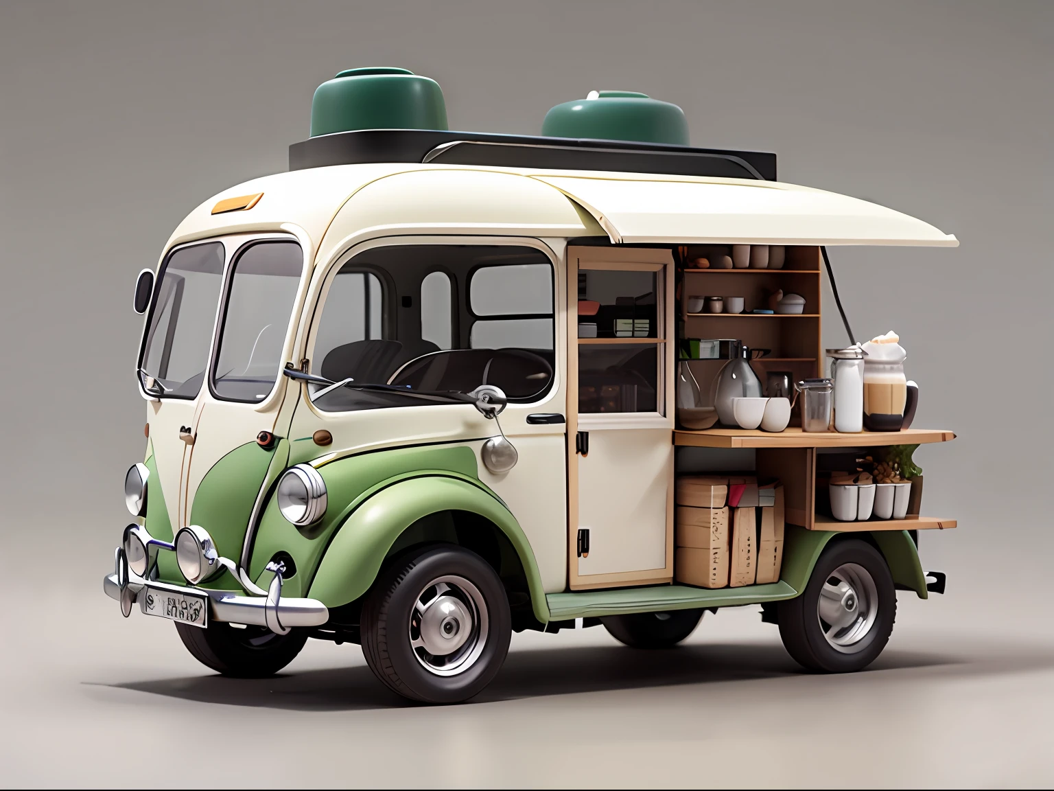 A lovely coffee cart，Inspired by:【Wuling Hongguang minicar】big breasts and big breastini Beetle】，Equipped with a professional large coffee machine，Fancy green high detail，32k ultra high definition，Industrial designProduct design，WHITE BACKGROUND，White environment，studiolight，ultra Realistic，High Details，Lateral face，Side view