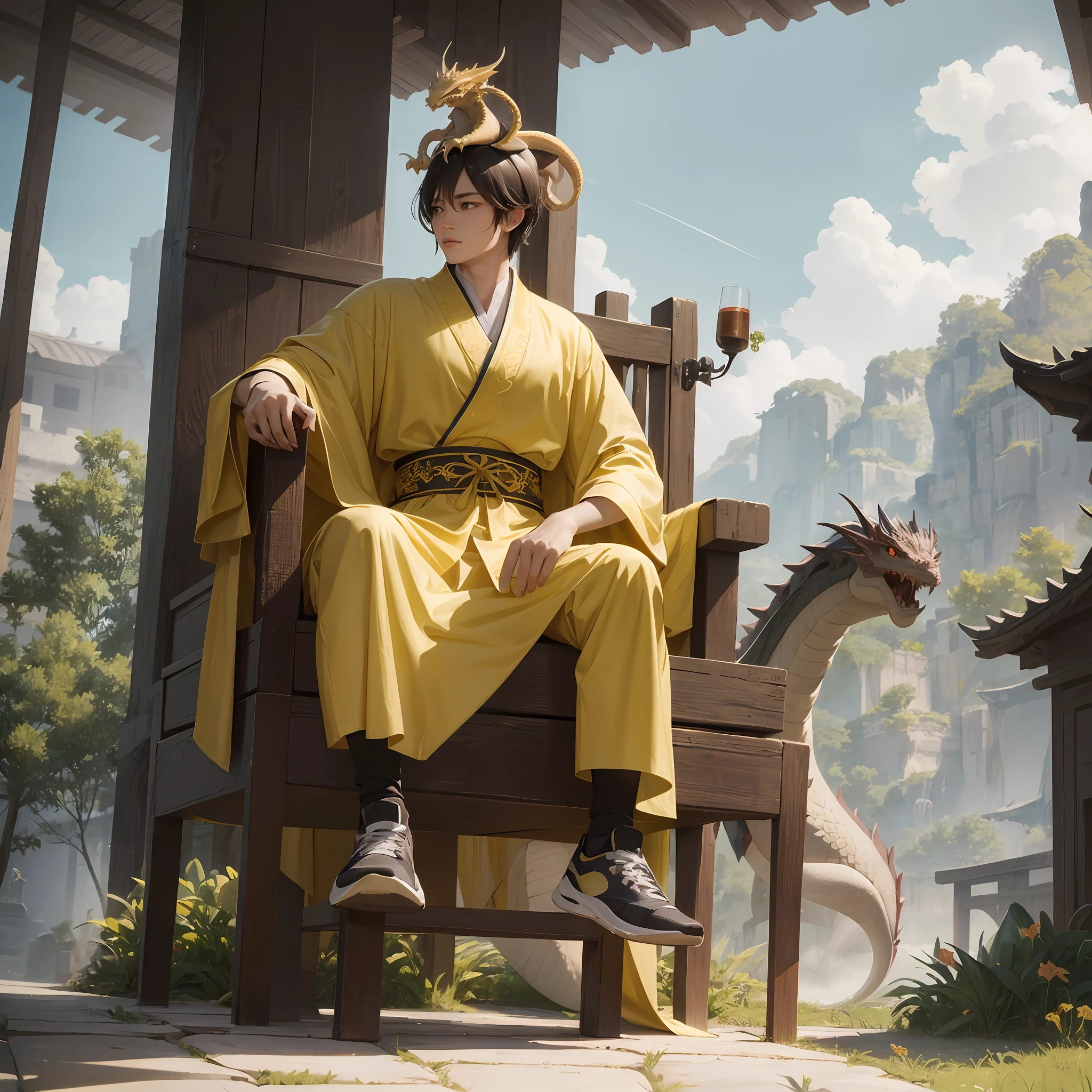 Чжу Ицзюнь，Император династии Мин，Ярко-желтый халат с вышивкой в виде дракона，Молодые люди，возьми меч，Ношу кроссовки с вышивкой дракона.，Сядьте на кресло дракона，Носит на голове корону дракона --авто