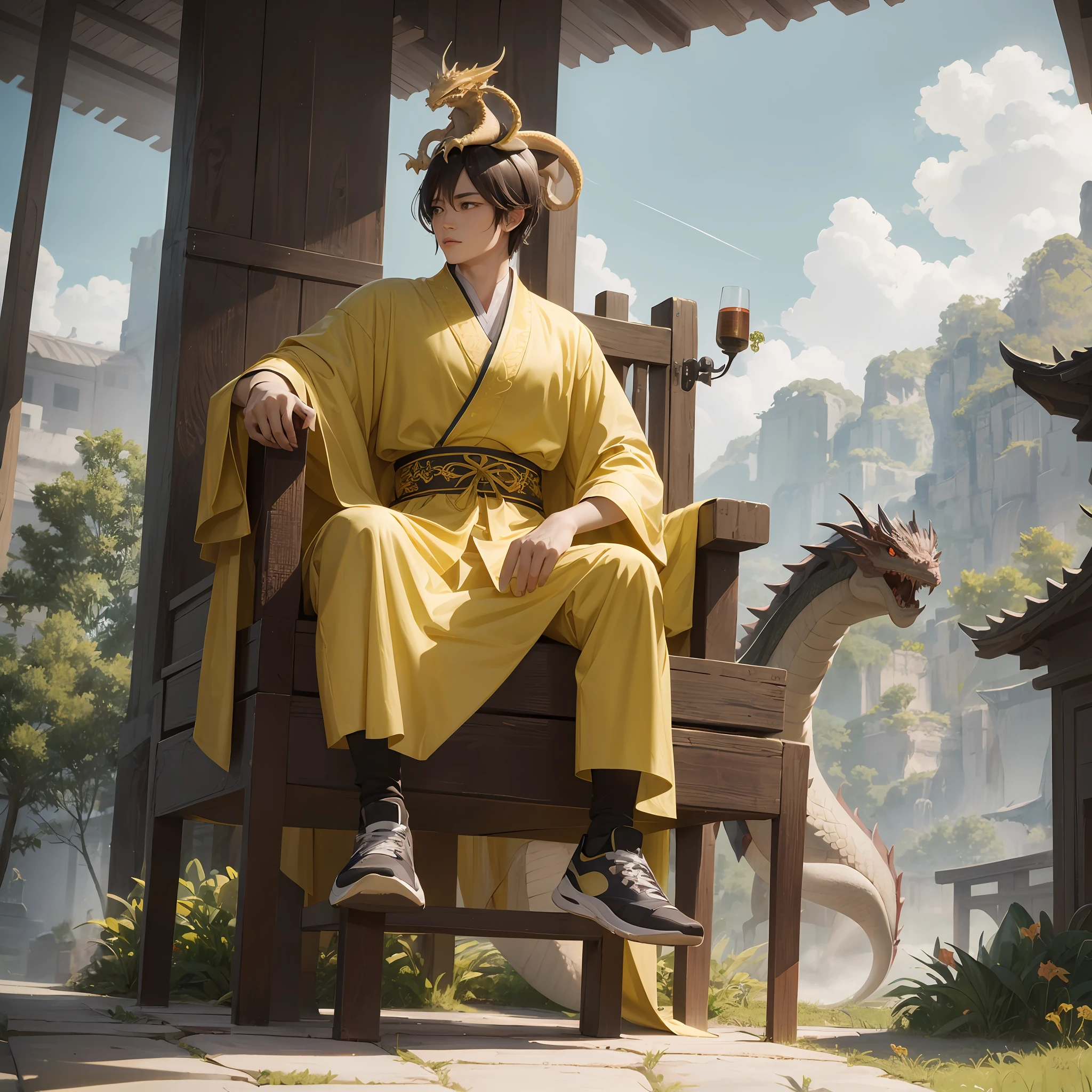 Zhu Yijun，Emperor of the Ming Dynasty，Bright yellow embroidered dragon robe，Young men，Take the sword，Wearing dragon-embroidered sneakers，Sit on a dragon chair，Wearing a dragon crown on his head --auto