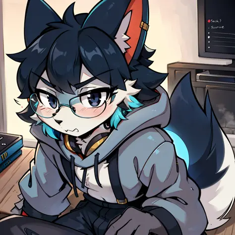 Black eyes，solo，shaggy，Hairy Male，Underage，Full Body Fur，Gray-blue fur，white fur，Gray-Long dark blue sweatshirt，Gray-long black trousers，black color hair，black glasses，Small canines，Fluffy blue tail，bobed hair，ANIME,fang，earphones，hood up，bored，serious，dis...