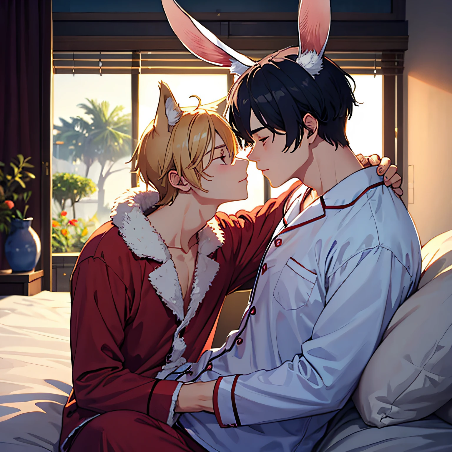 Male wolf ears, shy face, wearing this pajamas, lazing on the bed, turning his body, with a rabbit ear next to him, looking at this male rabbit, looking at each other, kissing each other