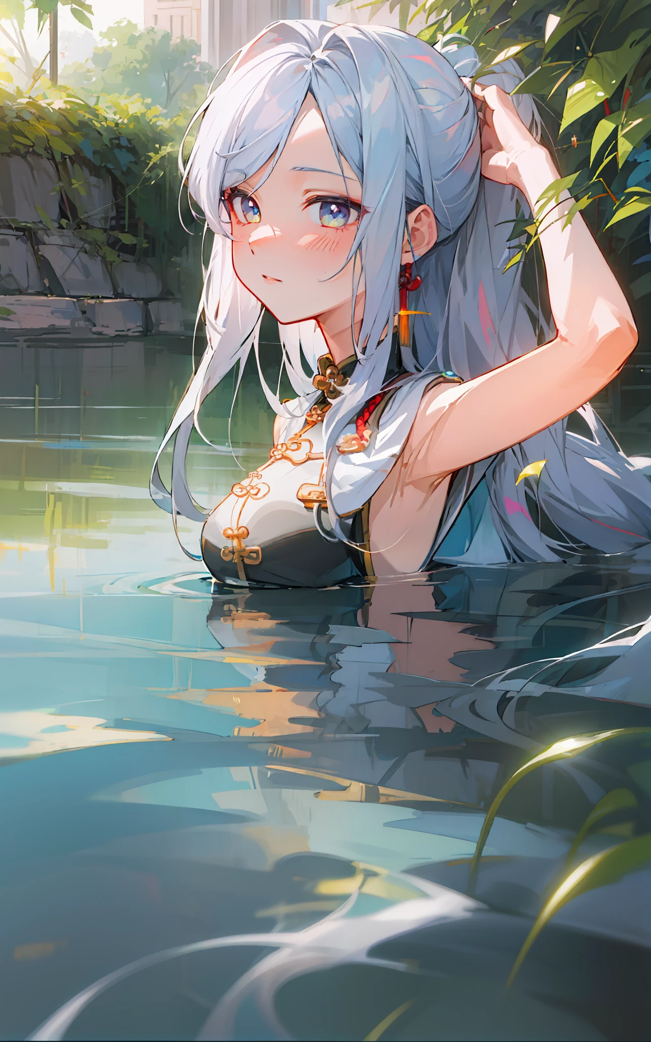 (((beautiful))), The ultra-High Image Quality --a, extremely detailed, CG digital painting style, High resolution 8K wallpaper, Guvez anime style, Long hair and blue eyes, Ponytail hairstyle, Beautiful girl in brocade
