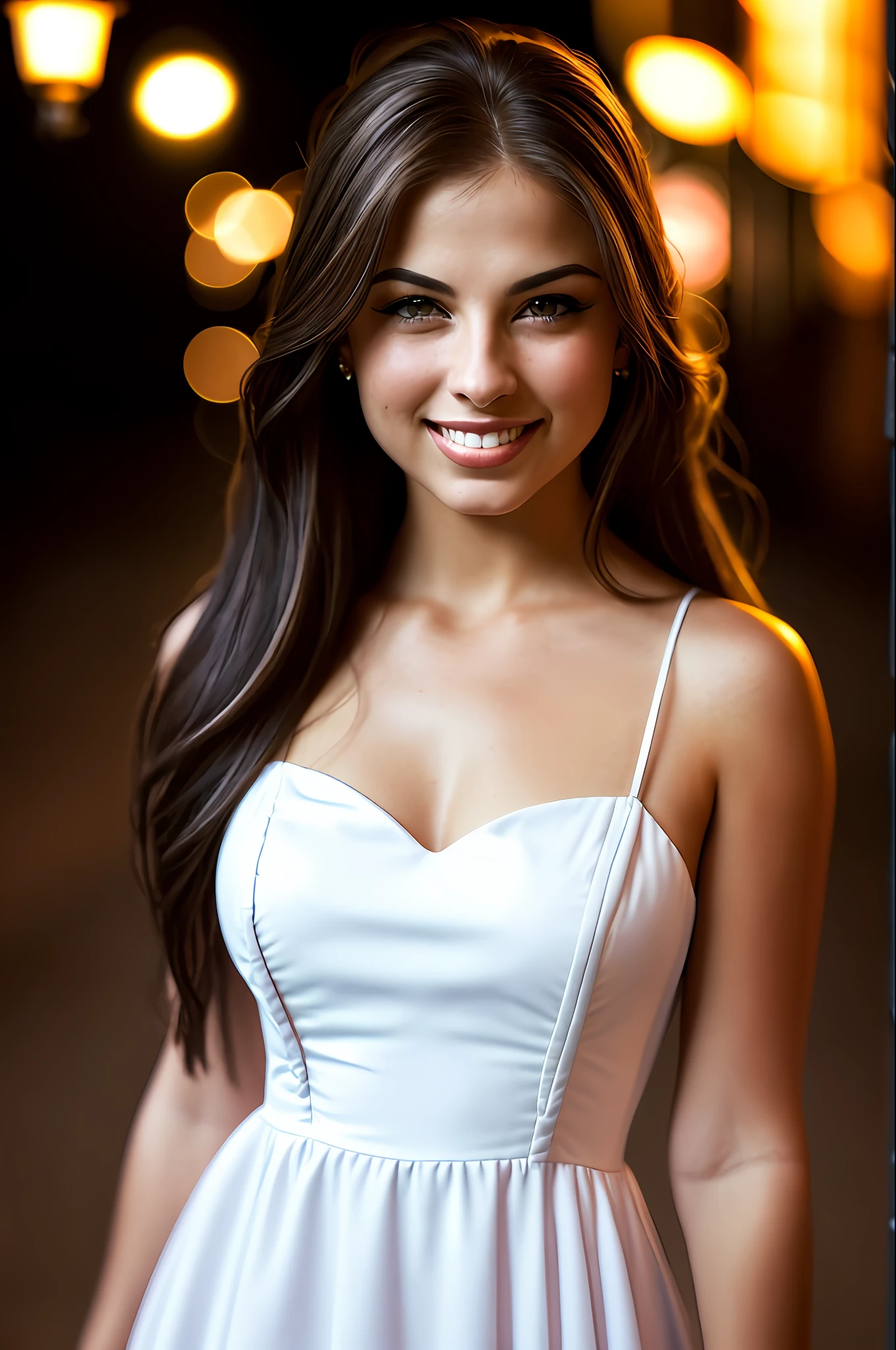 A close up of a woman in a white dress smiling - SeaArt AI