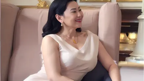 Woman sitting in pink chair，Wearing a gold necklace and earrings, inspired by Li Fangying