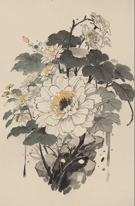 (master masterpiece，best best quality：1.2），chinese traditional ink painting，chrysanthemums，The flowers are conical or globular，Petals come in a variety of colors and shapes，The flower center is often yellow or golden yellow。The stem is erect or obliquely e...