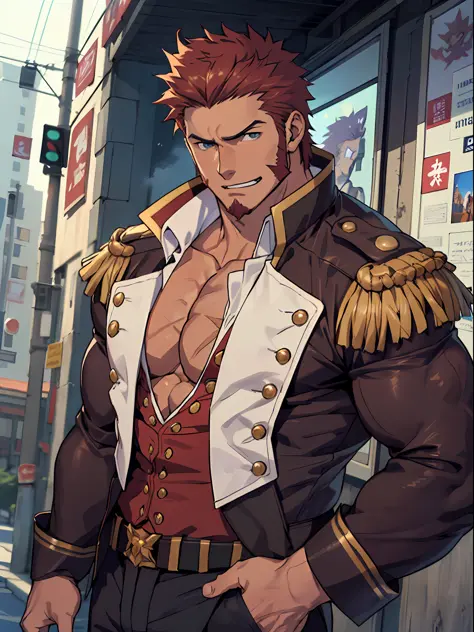 "((Passionate, romantic), (Bara hunk with bulging muscles and rugged features, anatomically correct), (Best quality anime Fate))...