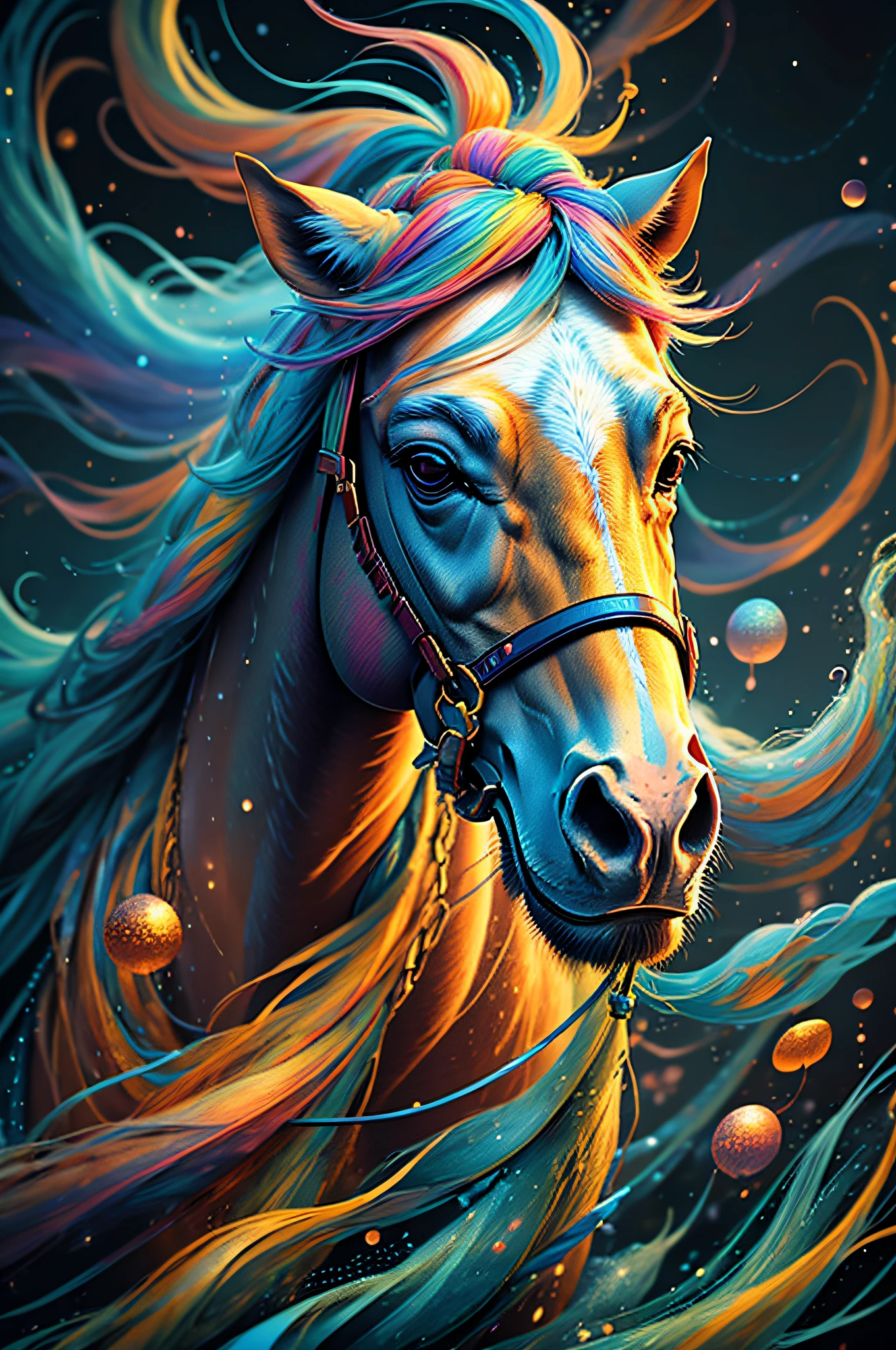 黒い背景にカラフルな馬の絵, 息を呑むようなレンダリング, 輝くつながりの中で, Kinuko Yに触発されて. クラフト,, 魔法の要素, おお, 美しいです, 多彩な呪文を唱える, bright 閃光, 閃光