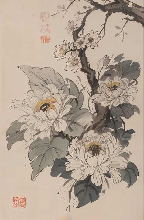 (master masterpiece，best best quality：1.2），chinese traditional ink painting，chrysanthemums，Chrysanthemums have a wide variety of appearance characteristics，The flowers are conical or globular，Petals come in a variety of colors and shapes，The flower center ...