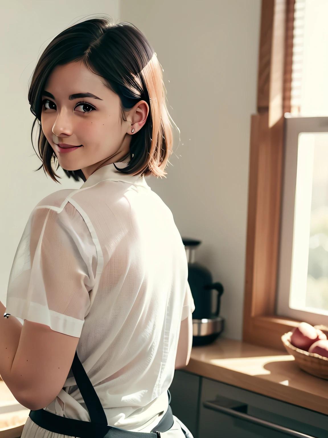 girl with short hair，23岁，solo，Worked in a commercial bakery（（Put your hands on her small back）），wears a（Full apron）and panties，No tops，Nude on top，White opaque shirt，Open the shirt，Striking gray eyes，Medium length wavy and obsidian black hair，Slight smile，small ，Detailed beautiful face，（（Clean face））;Emma works in the kitchen or bakery，A young but experienced worker。 Natural sunlight pours in from the off-screen windows。 She is often tired，But whenever someone greets her，She would smile and cheer up。 hard-working，But delicate and ethereal。 Her inky black hair contrasts with her bright gray eyes。

photograph of a：1.7， （Real photograph）， （Photo Realism：1.5）， （best best quality：1.4）， （Super High resolution：1.2）， （PhotoRealistic：1.4）， （8k， RAW photos：1.2）， （Soft Focus：1.4）， （sharpen focus：1.4）， （realskin）， （（Optimal anatomy））， （Circular aperture））