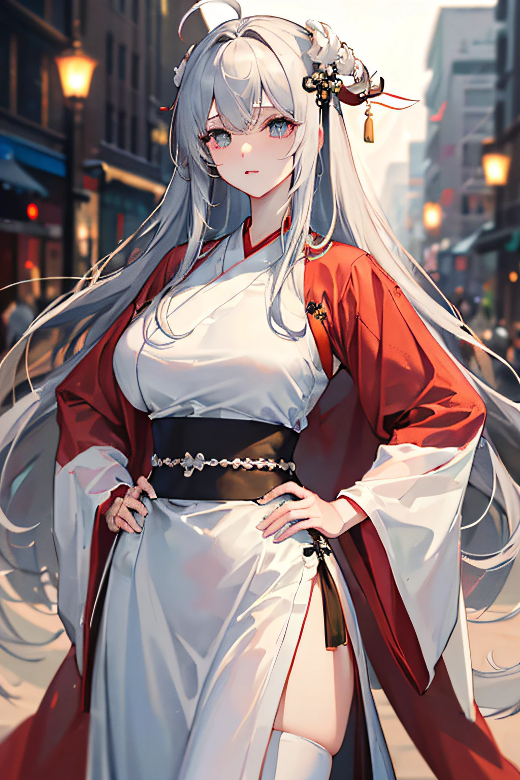 (master masterpiece:1.5),(Best Picture Quality:1.5),(Super fine:1.5),illustration,Cowboy photos,1 girl,solo,(buildings),Perfect face,Radiant skin,hair long,Beautiful Finely Detailed Eyes,Beautiful flowing long hair,(ru_qun:1.5),(hanfu:1.5),Hanfu,White dress,White stockings,(bloom),lamplight,ray traced,out door,mountain ranges,natural,,Hair Ornament,hairbands,hand on hips,looking at the viewers,ahoge,gigantic tits,(depth offield:1.5),headpieces