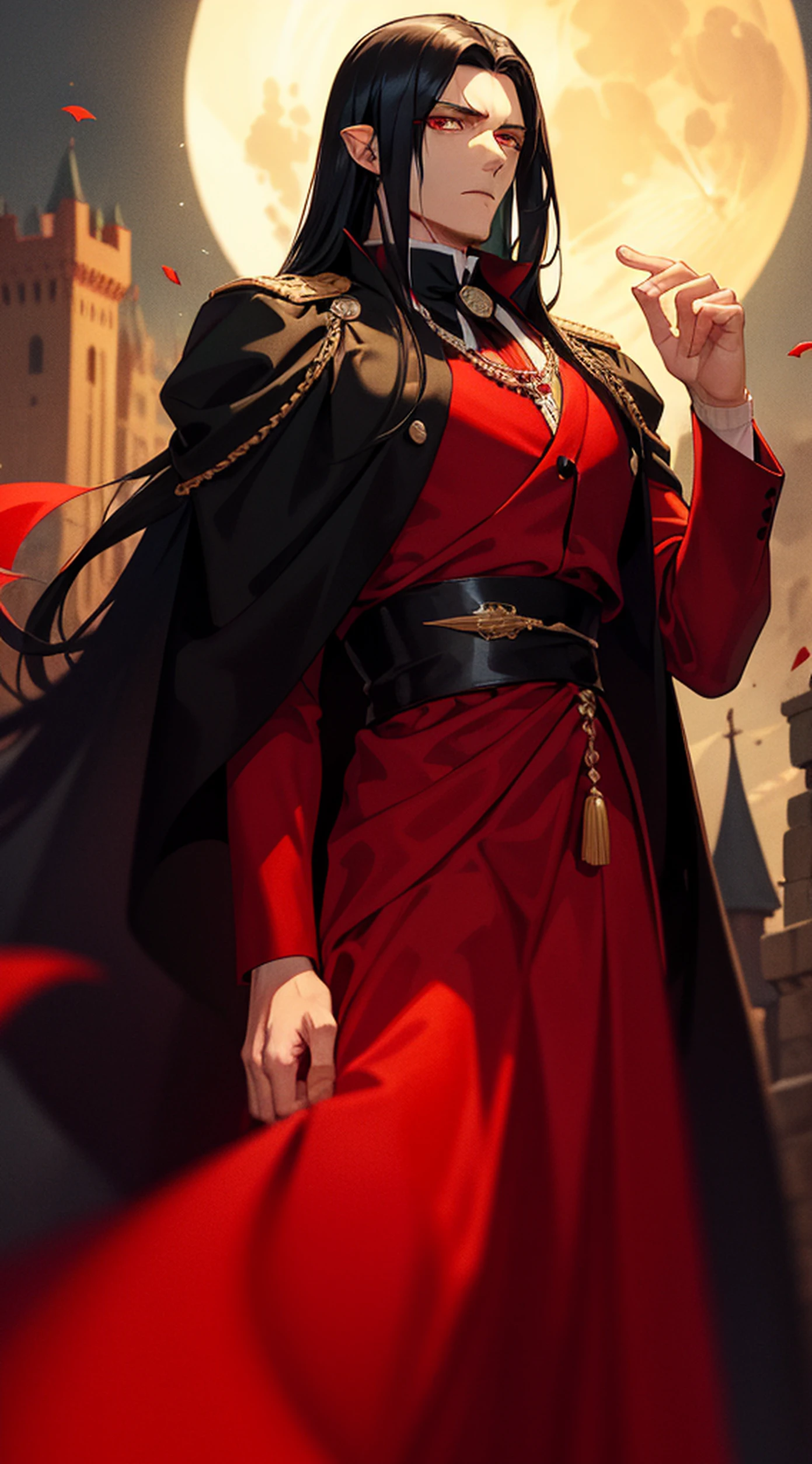 A handsome man, a vampire king with long black hair and red eyes, he wears a brown robe and black outfit with red. (Senarius a bloody moon night in a royal castle)