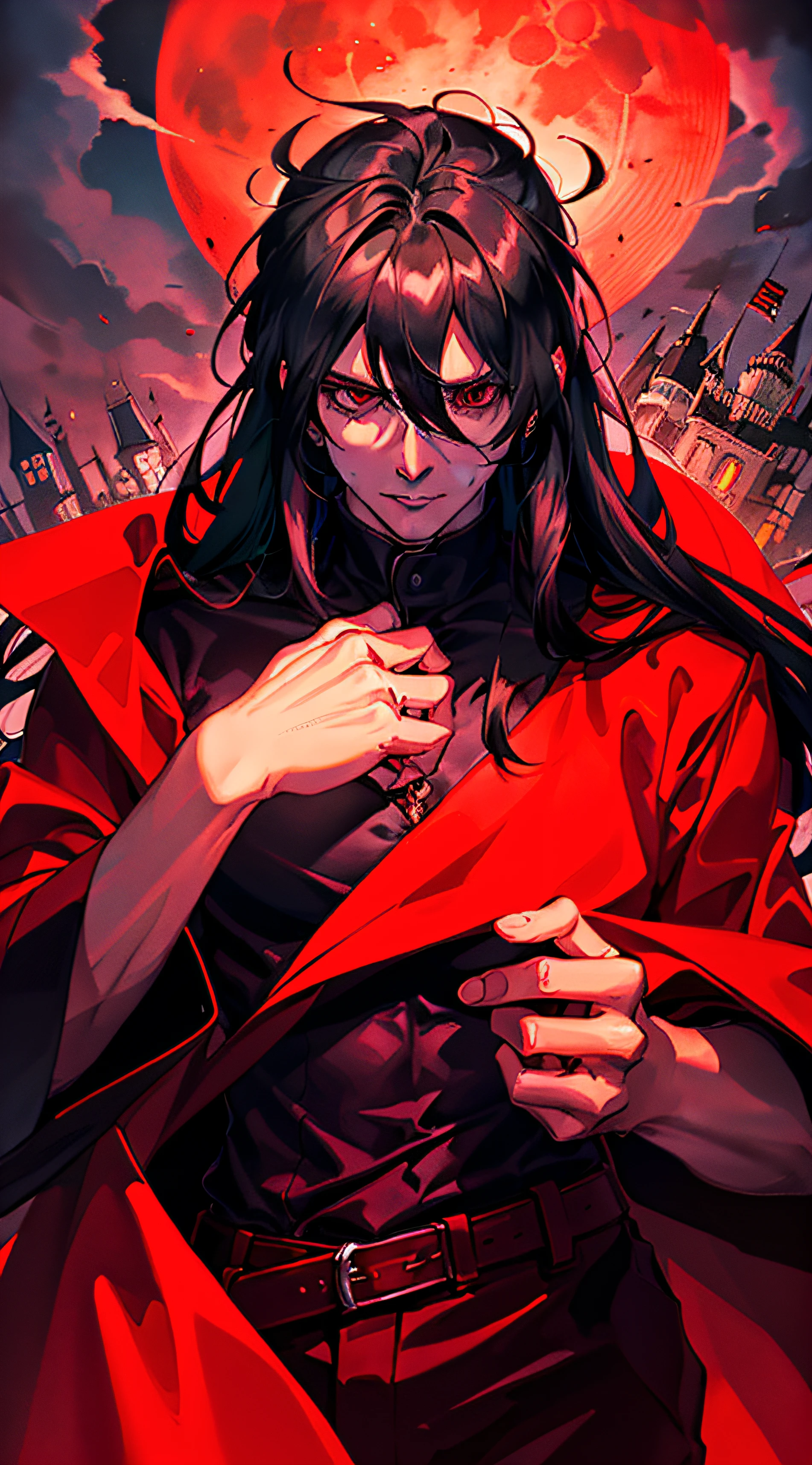 A handsome man, a vampire king with long black hair and red eyes, he wears a brown robe and black outfit with red. (Senarius a bloody moon night in a royal castle)