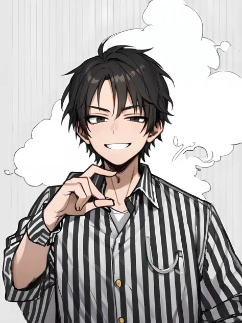1man, winking, looking at the camera, black and white striped shirt, fantasy background, anime, masterpiece, ultra-detailed