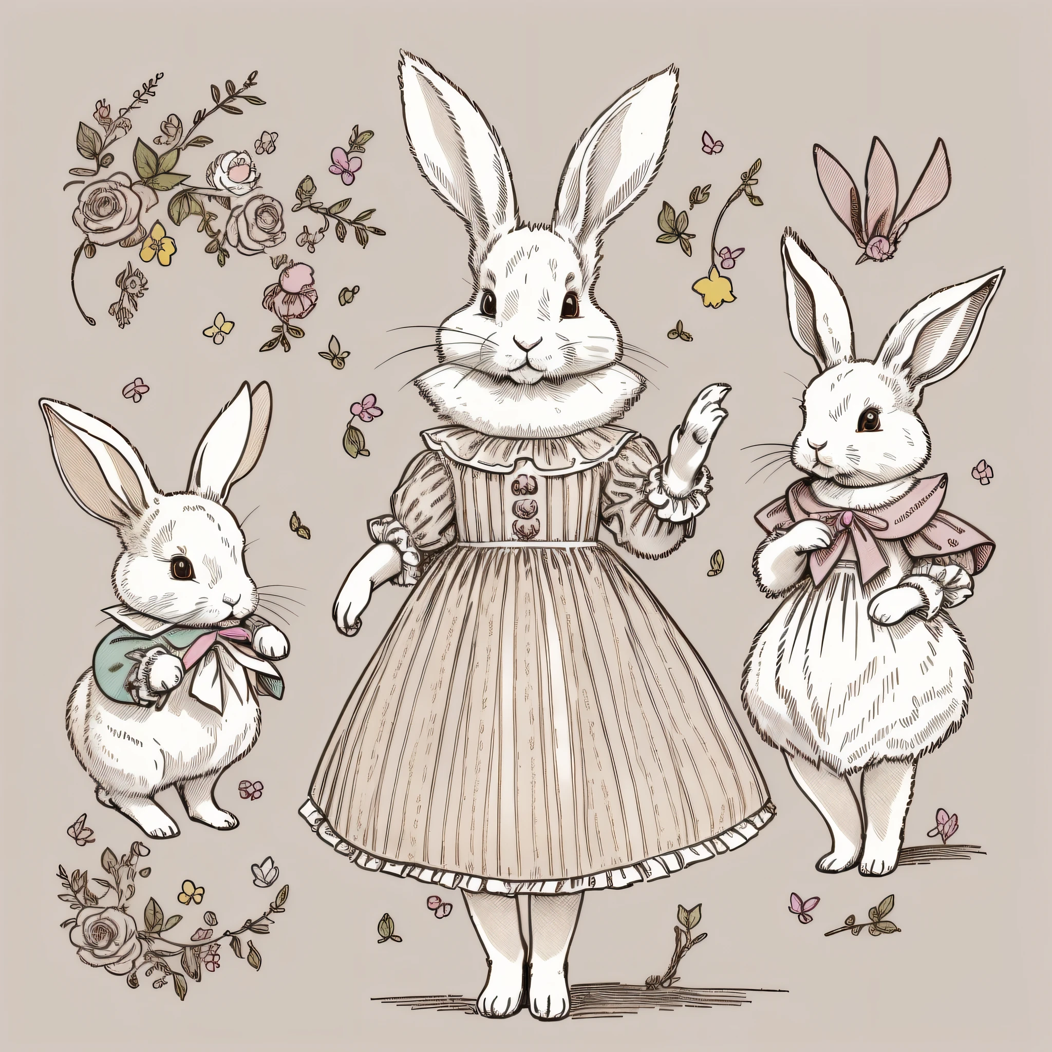 다양한 포즈와 표정, 아이들의 그림책 그리기, 옷을 입은 토끼, 하얀 토끼, 이족 보행, 토끼 의인화, 머리가 세 개인, 설정 도면, 귀여운, 두 개의 토끼 귀, 컬러 일러스트, 재료 설정, 다채로운 색상, 변형 된 토끼, 18세기 프랑스 의류,