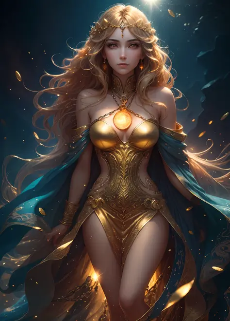 Full body shot, illustration, film light, fantasy, highest quality, super detailed, best quality, masterpiece, (detailed face), tall sexy mature woman, dress made of gold coins chained together, glowing quicksand, floating embers Crystals, golden hair acce...