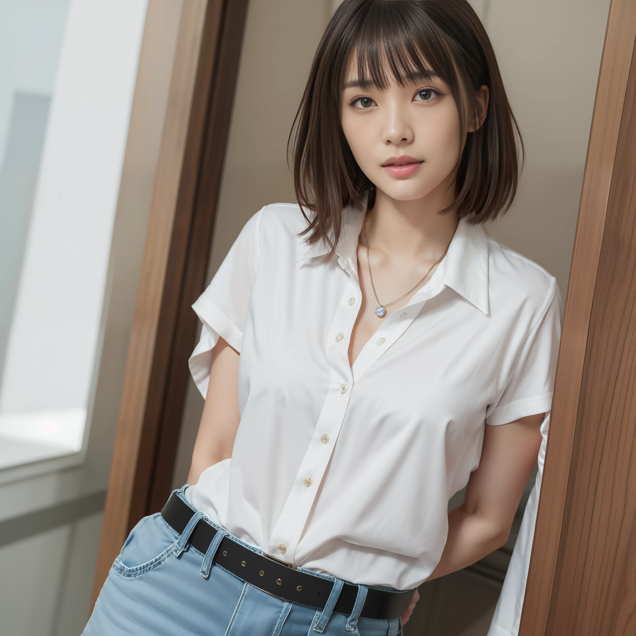 (The Highest Quality、Highres、master masterpiece:1.3)、Tall and cute woman、Slender abs、Hair styled with loose waves、Chest、Wearing a pendant、White button-up shirt、belts、a black skirt、(modern architecture in the background)、Exquisitely rendered details in the texture of the face and skin、Detailed eye、Double Eyelid、Brown hair、Bob Hair、Sareme、a muscular、slender、total body、Detailed fingertips