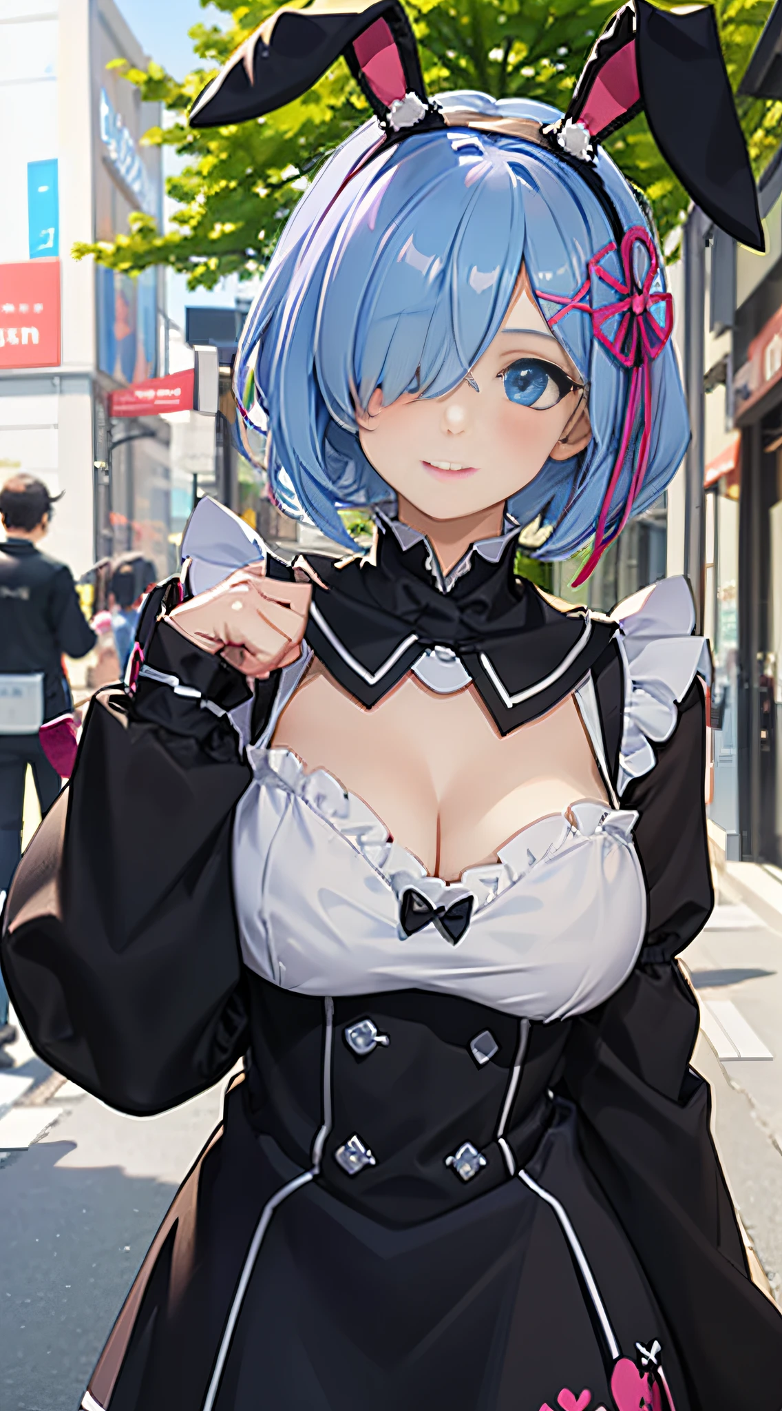 R_big breasts and big breasts_M, 1girl,((beautiful face)) ,blue short hair, blue eyes, Hair Over One Eye, Hair Ornament, pink hair ribbon, Remu'S Bunny Girl outfit, ,  total body, The background is outdoors,4K,great resolution，master masterpiece