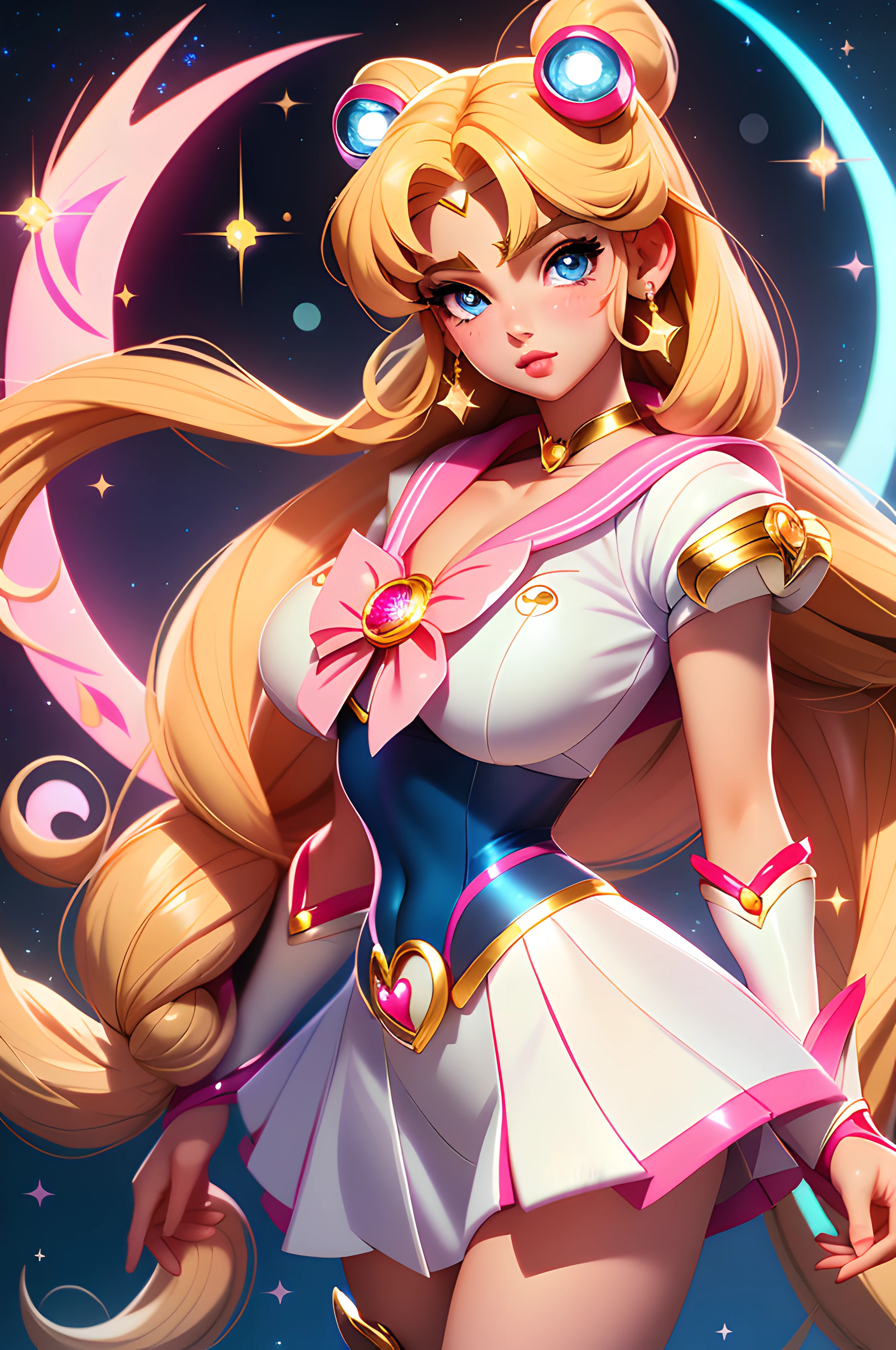 sailor moon, realistic, 1girl, (magical girl:1.4), long blonde hair, (blue eyes), (crystals, shimmer bokeh), sailor scout uniform, (huge breasts:1.25), cleavage, wide hips, small waist, collarbone, parted lips, makeup, blush, shiny skin, night, reflection, full moon, moonlight, rose