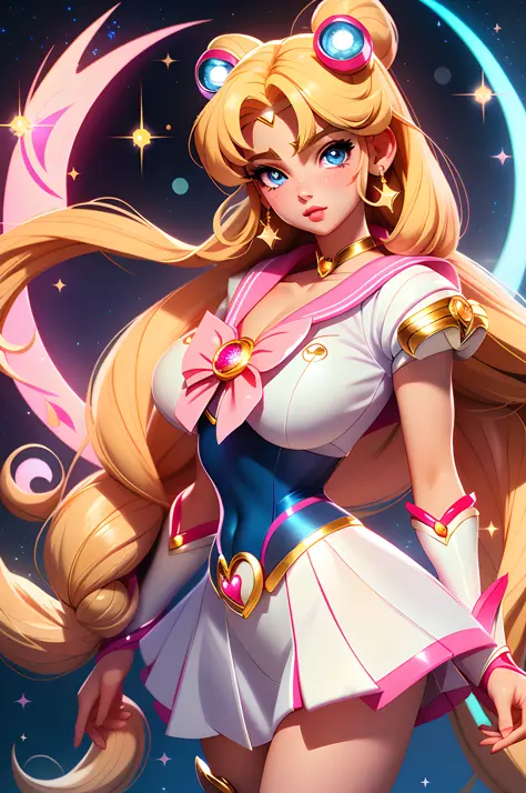 sailor moon, realistic, 1girl, (magical girl:1.4), long blonde hair, (blue eyes), (crystals, shimmer bokeh), sailor scout unifor...