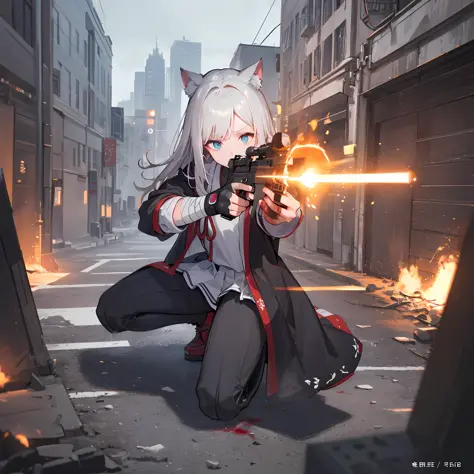 a girl shooting a rifle，wide view，squatting pose，total body，long white hair，cat ear，young body，japanese-style school uniform，wea...