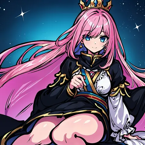 Galactic space Empress of Desires pink hair covering one eye blue eyes wearing royal gold and black robes who is kind and sweet,...