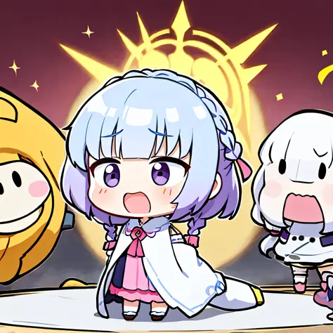 kanna kamui brava segurando uma pistola grande, chibi, sozinho, cabelo branco, braids, vestido rosa, roupas rosa, mangas longas,...