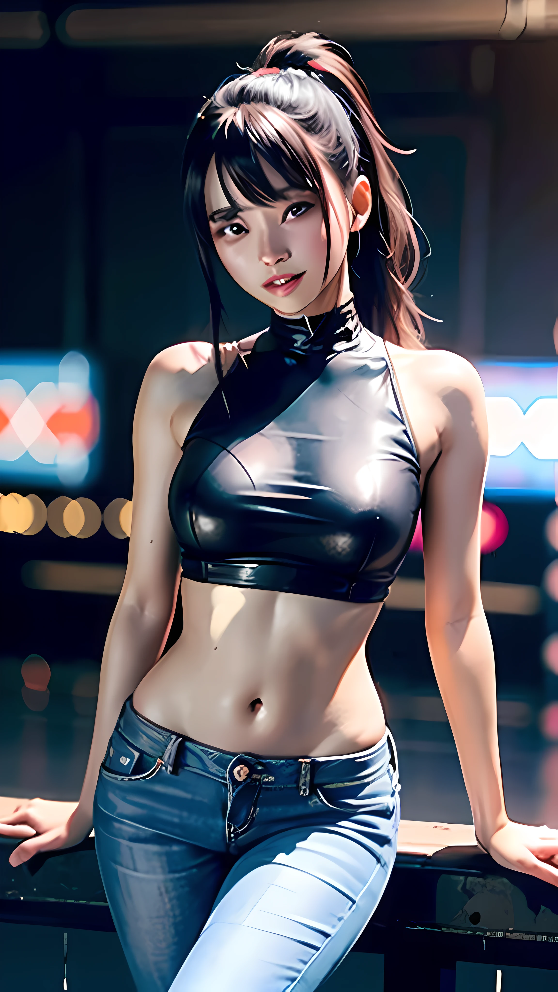 lolita，, Sorrisos, 20 years old, ((best best quality)), ((master masterpiece，)), (high sharpness:1.3), 3D, beautiful (cyberpunk:1.3), stylish woman looking at camera black leather clothes, sleeveless, embarrassed, waist skin invisible, blue color、-Black Jeans