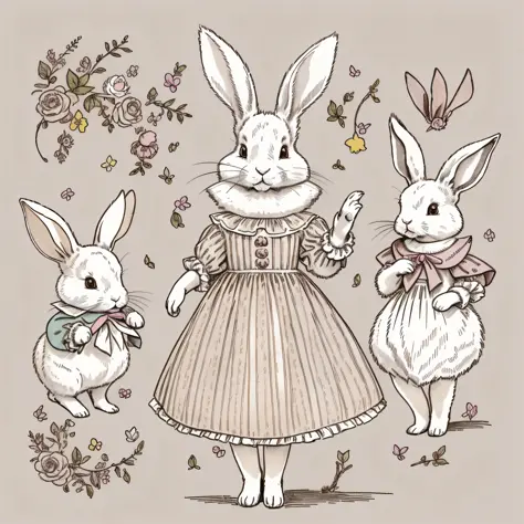 Multiple poses and expressions, children's picture book drawing, dressed rabbit, white rabbit, bipedal, rabbit personification, three-headed, setting drawing, cute, two rabbit ears, color illustration, setting material, colorful colors, deformed rabbit, 18...