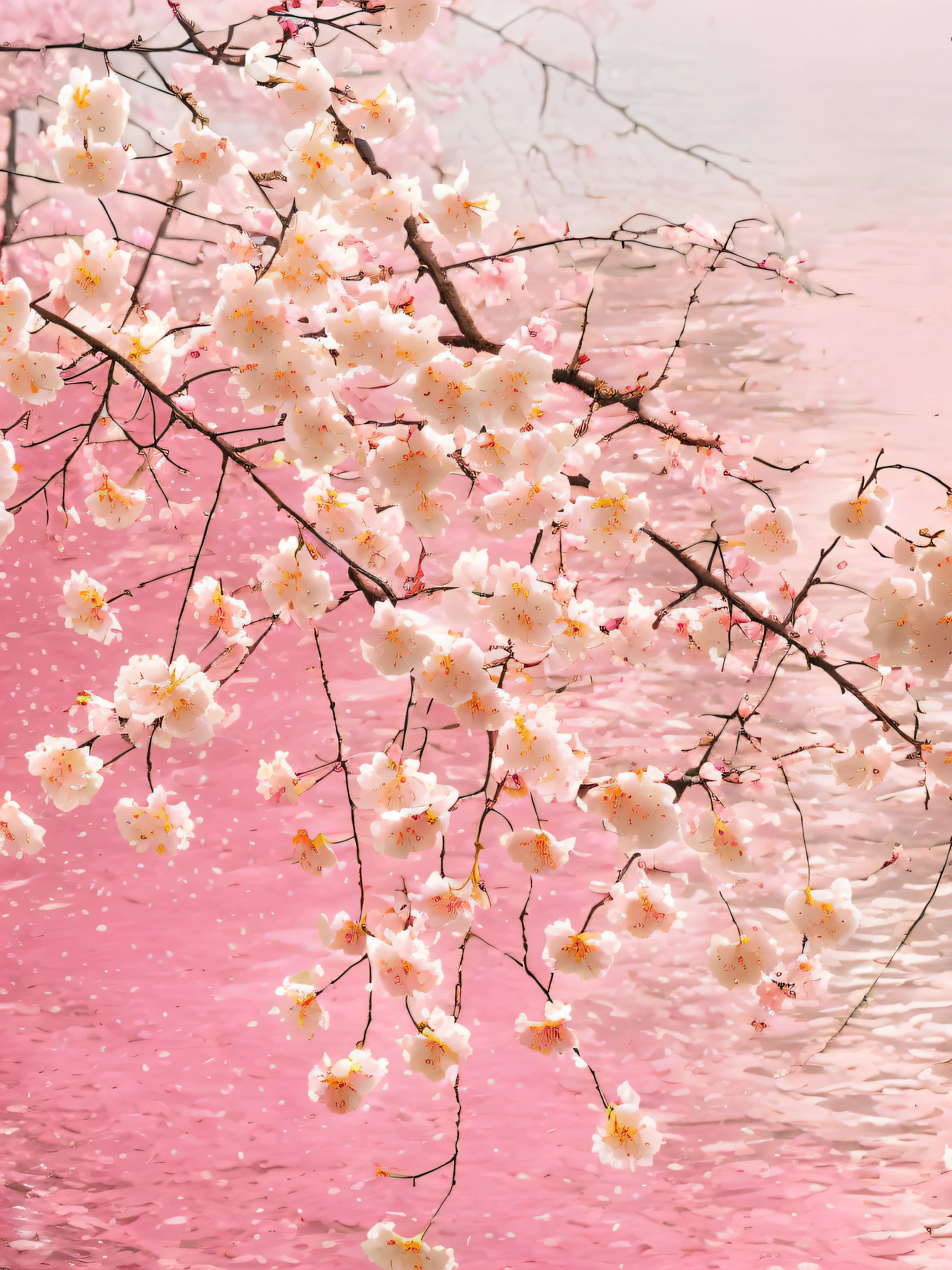 There is a pink background with a tree branch and water - SeaArt AI