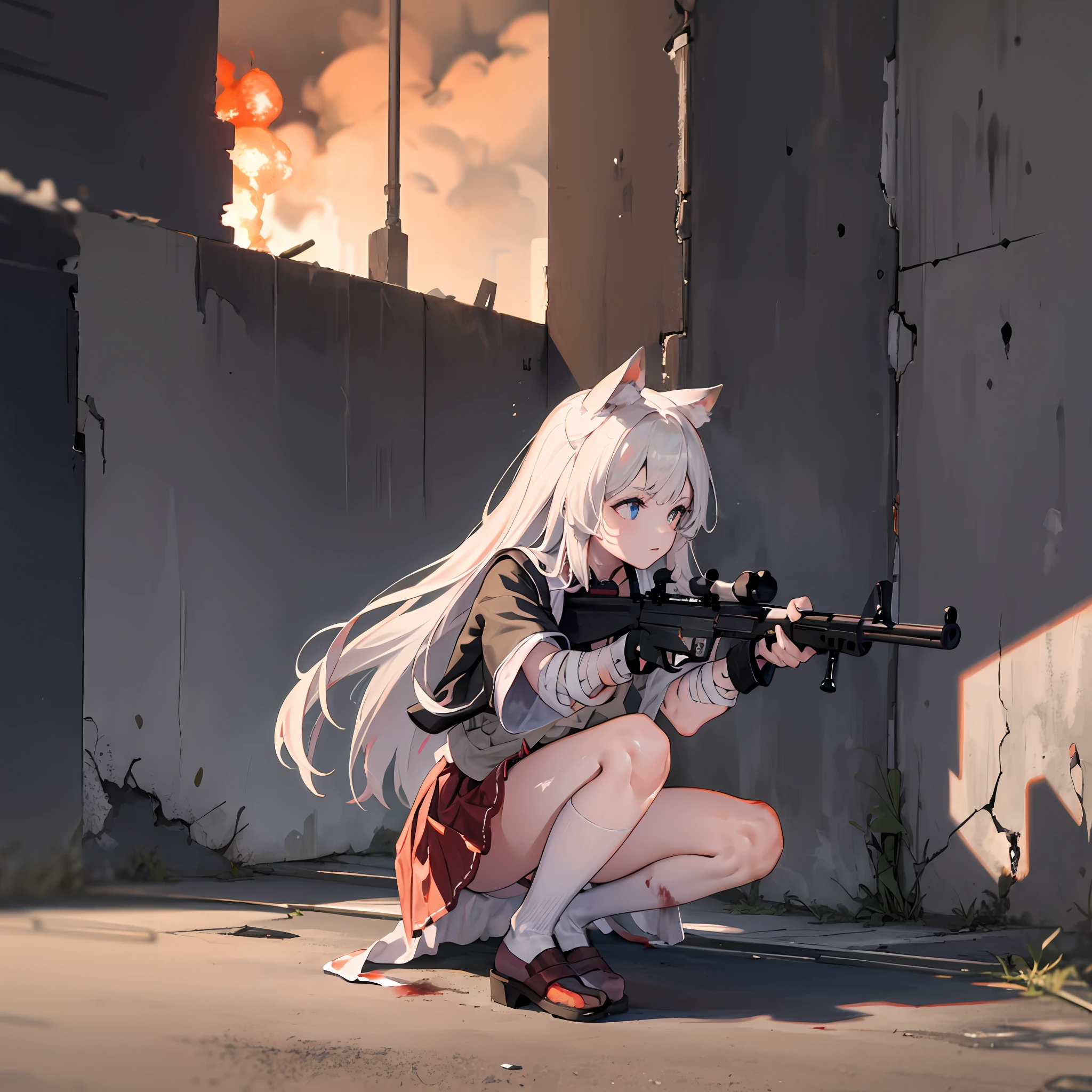 A girl shooting a rifle，wide view，squatting pose，total body，Long white hair，Catgirl，Young body，Japan School Uniform，Clothes stained with blood，Eyes are red and blue，fair skinned，Lovely eyes，bandages，injured，There is blood，battleground，city ruins background，Tall buildings，Broken buildings，fumes， Explosions， post apocalyptic，Buildings on fire，（holding a weapon，holding a rifle，aiming，aiming，fire，shooting：1.4），guns，carbine，（sideview：1.4）