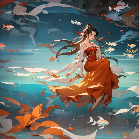 Girl in red dress floating on the water, gray pupils, delicate face, fish, fog, Meiji art, Kerem Beyit, Loish, Minei style