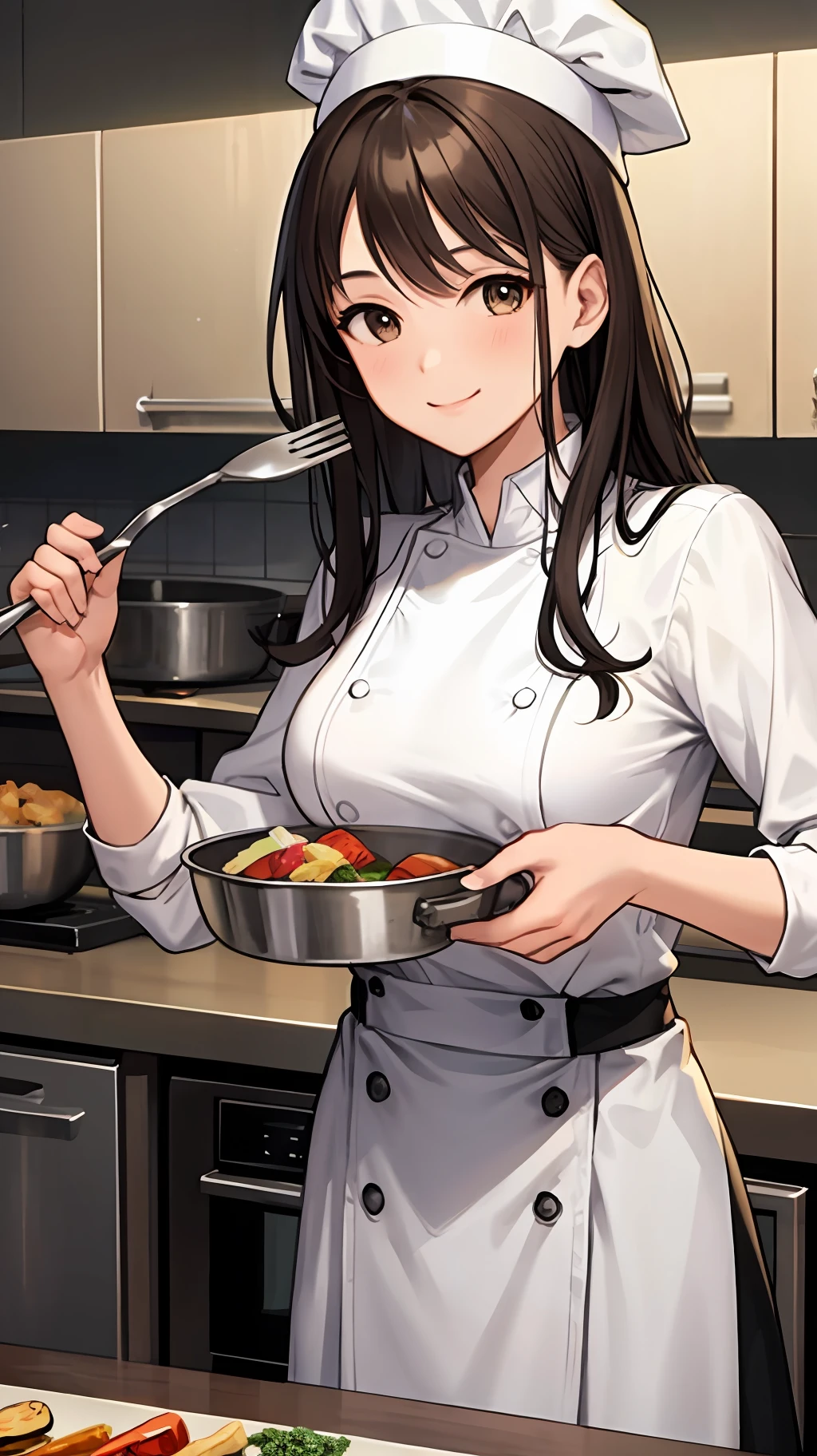 (masterpiece, best quality, detailed background, intricate details), fancy kitchen, 1girl, chef, cooking, brown hair, chef hat, chef uniform, smiling