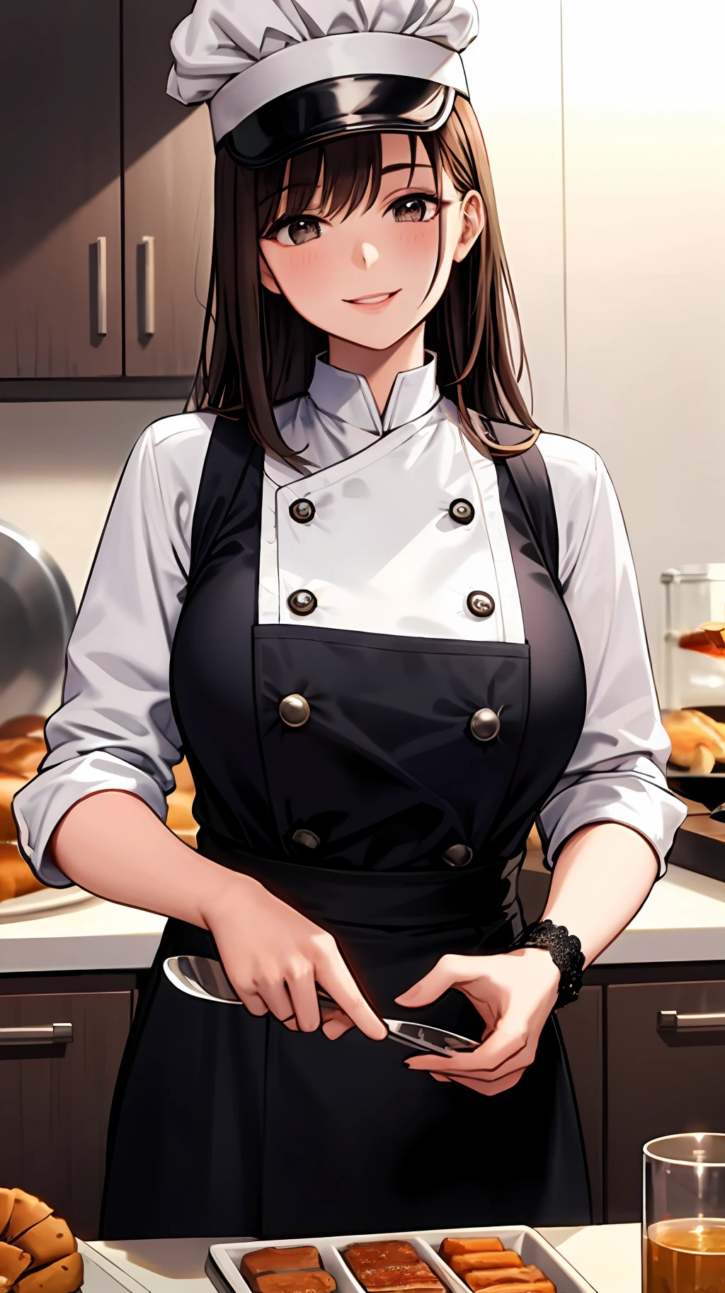 (Meisterwerk, beste Qualität, detaillierter Hintergrund, komplizierte Details), schicke Küche, 1 Mädchen, chef, Kochen, braune Haare, chef hat, chef uniform, lächelnd